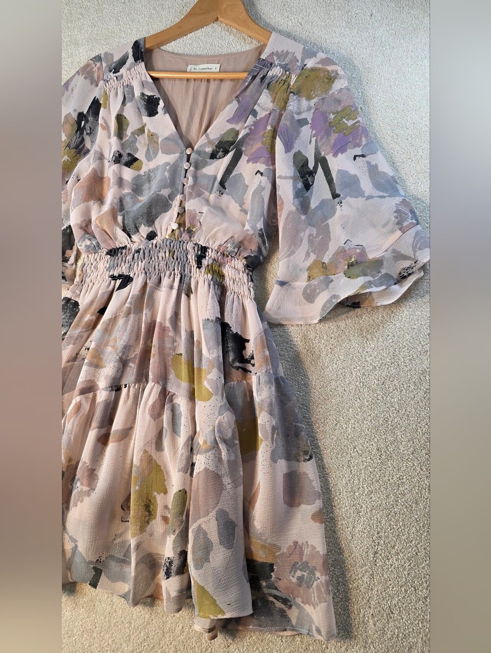 By Together Watercolor Floral Tiered Mini Dress Flutter Sleeves Feminine S